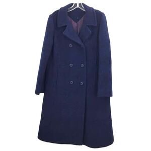 Vintage Dark Blue Full Length Coat Jacket Button Up Textured Medium/Large Trench
